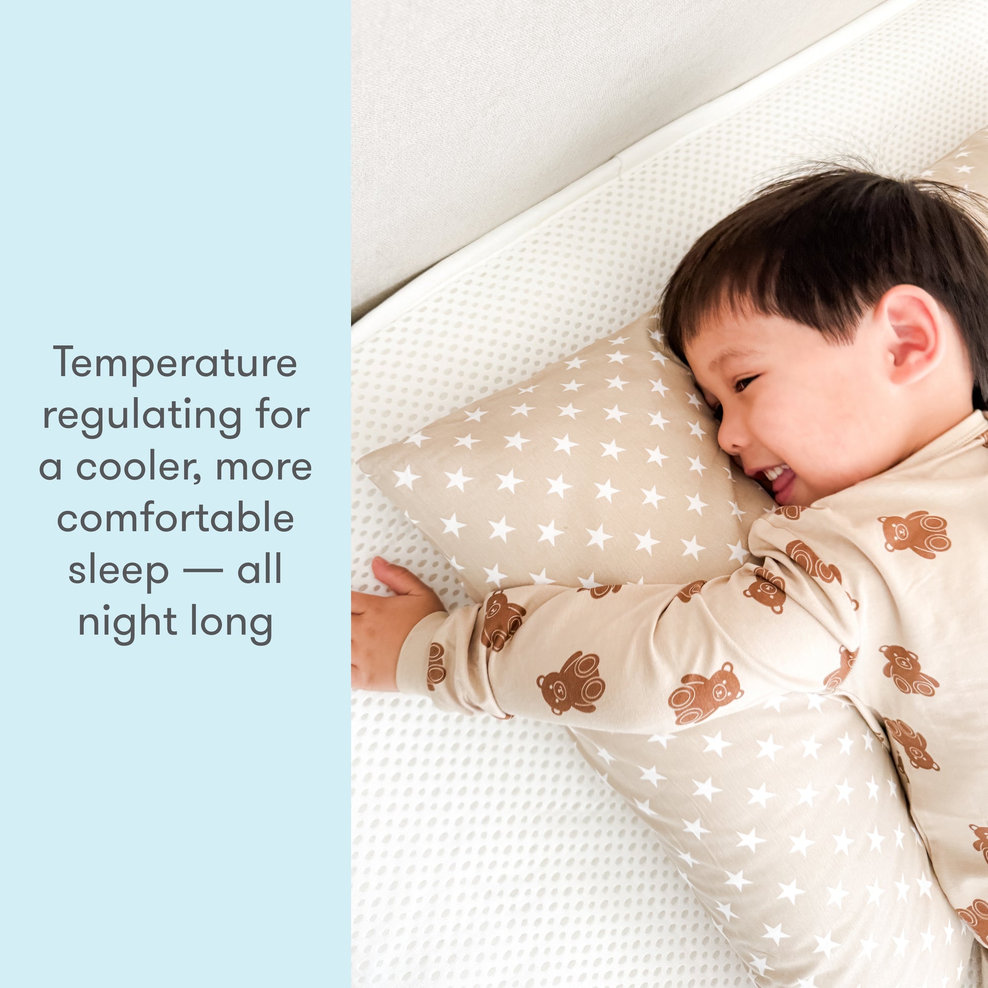 A young child smiling while sleeping on a breathable Newton mattress with a pillow, underneath text stating "Temperature regulating for a cooler, more comfortable sleep — all night long."