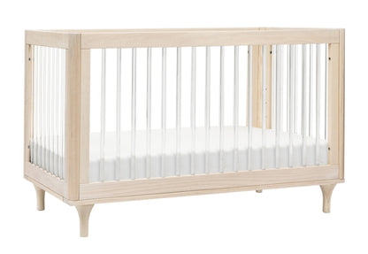 Elegant wooden baby crib with slender vertical bars and gently curved legs on a white background.