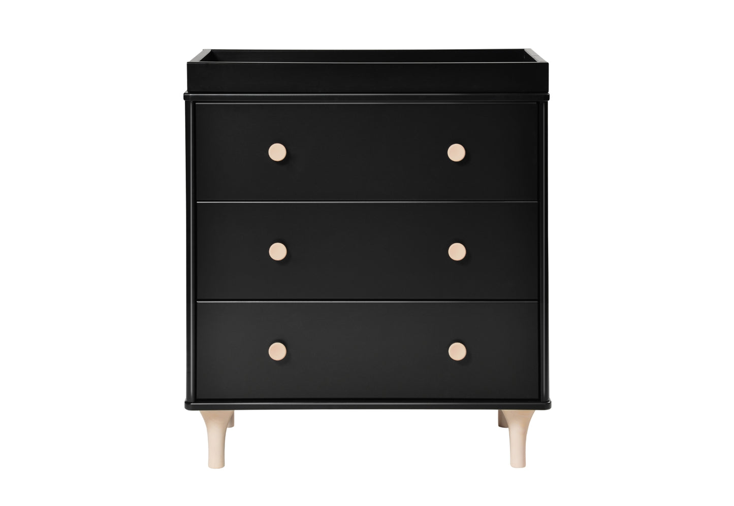 Elegant black three-drawer dresser with light beige knobs and short legs, isolated on a white background.
