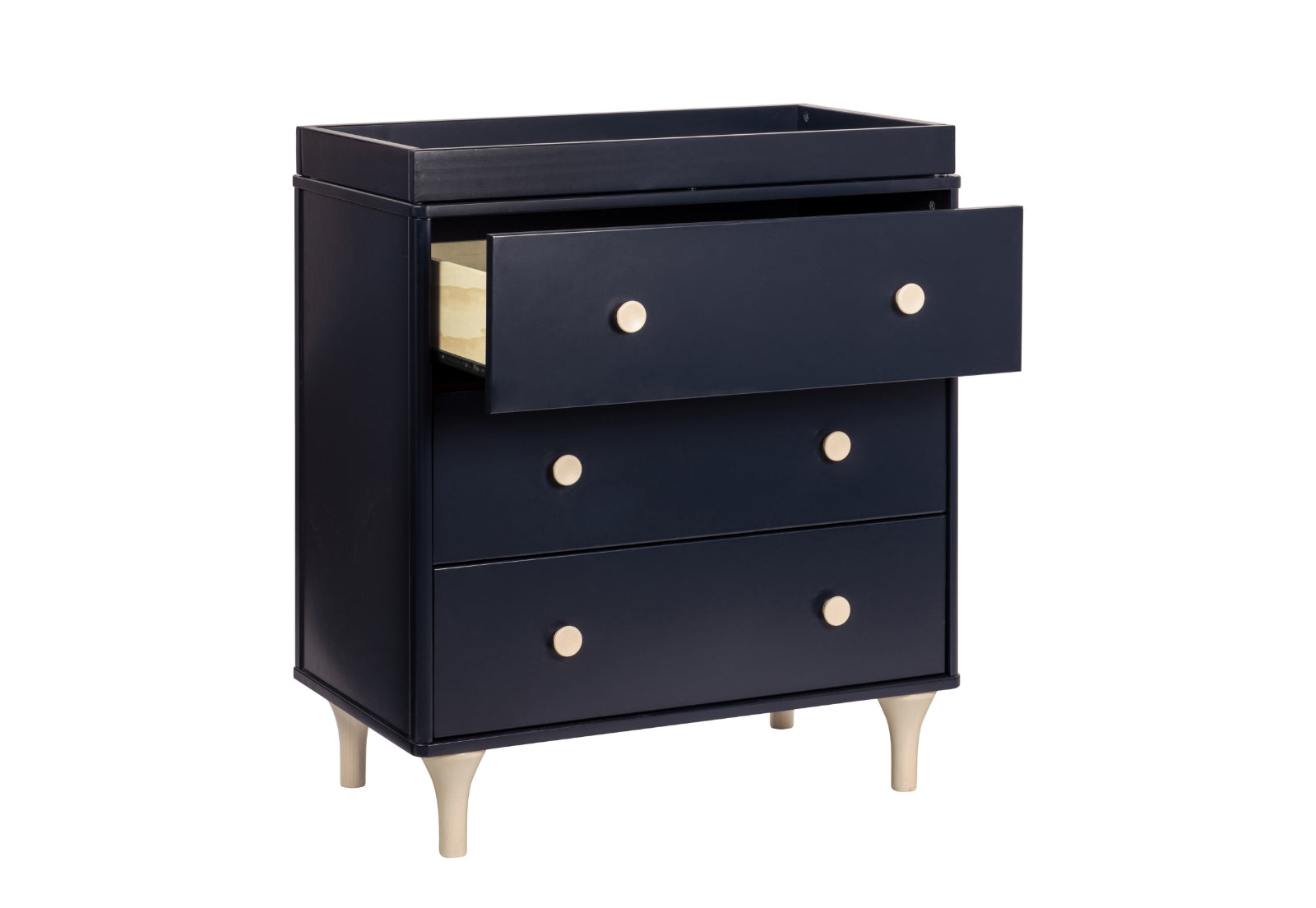 Navy blue modern changing table with three drawers featuring circular light wood knobs, isolated on a white background.