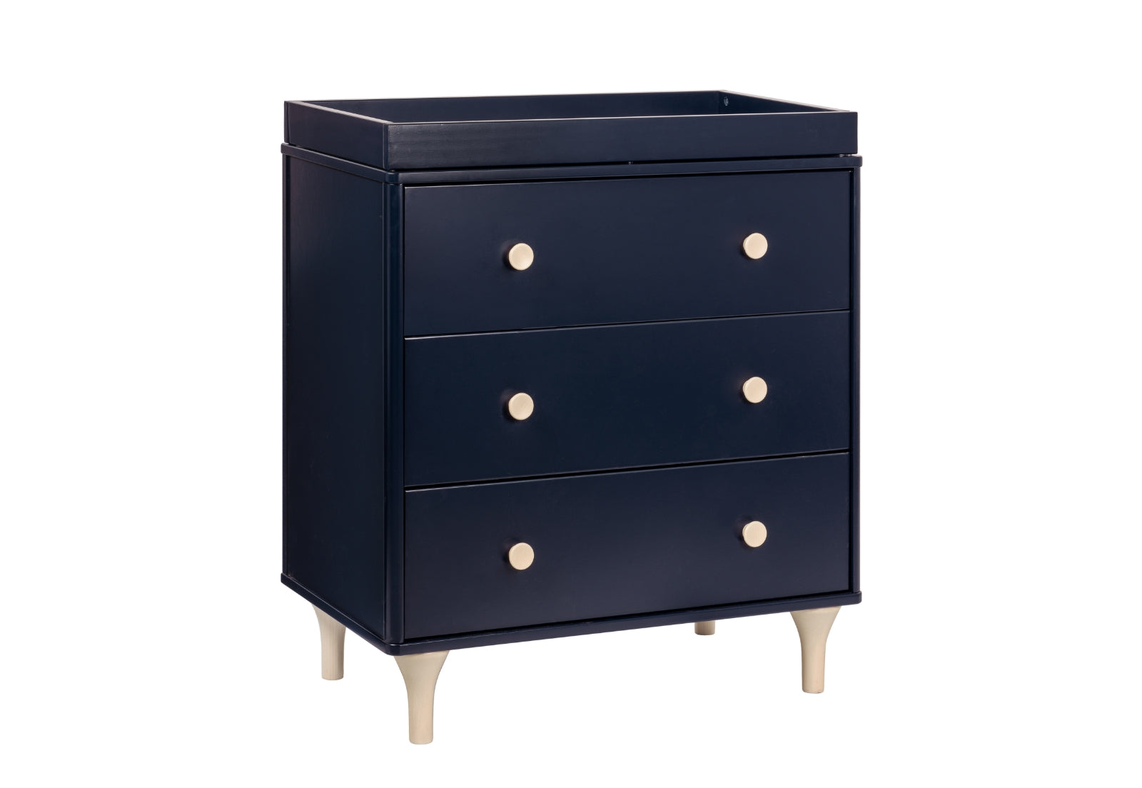 Elegant navy blue changing table dresser with three drawers and cream-colored knobs, isolated on a white background.