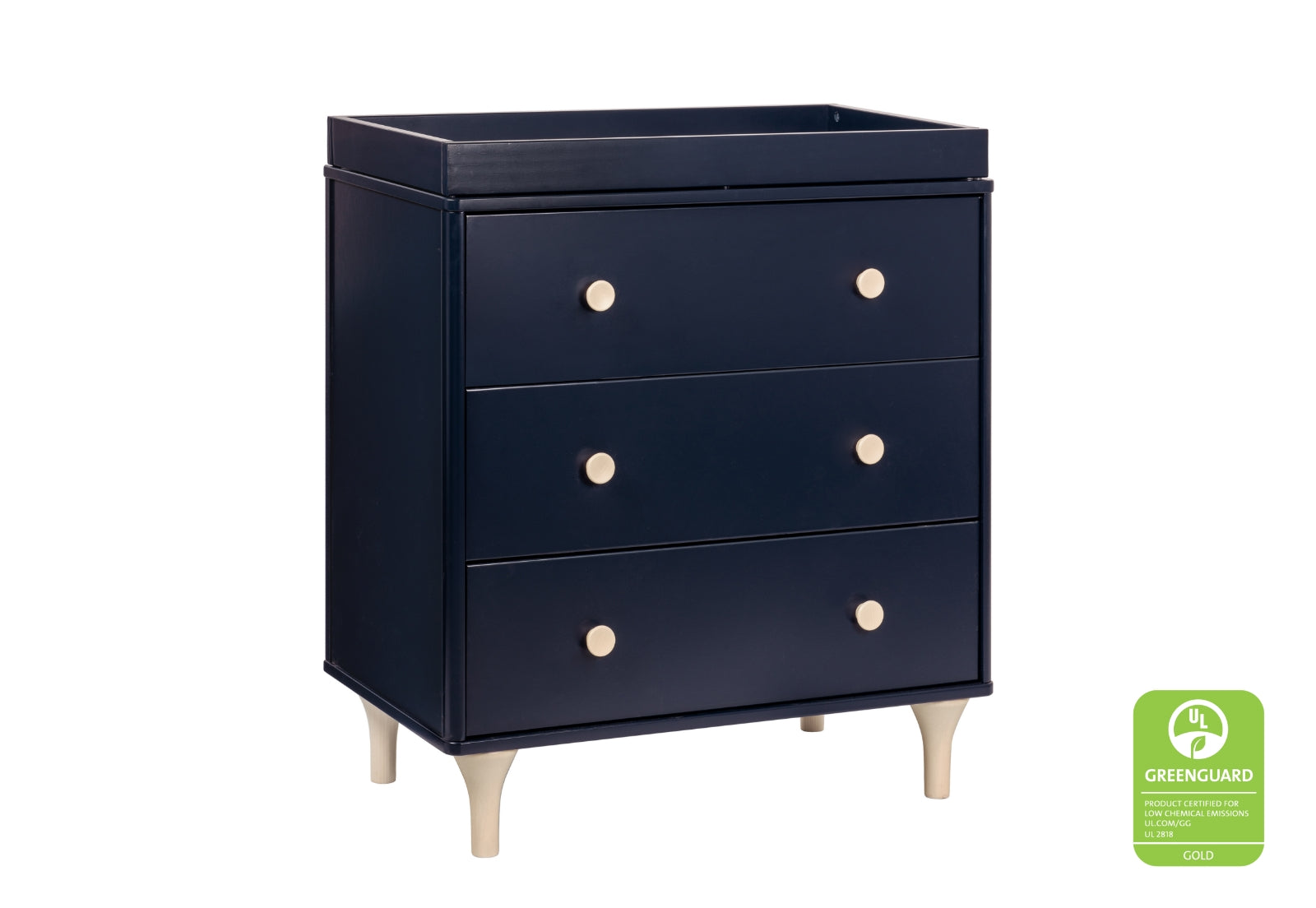 Navy blue children's dresser with three drawers and beige legs, featuring a Greenguard Gold Certification logo in the corner.