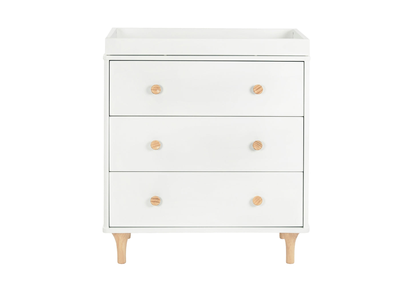 White three-drawer baby dresser with round wooden knobs and tapered legs, isolated on a white background.