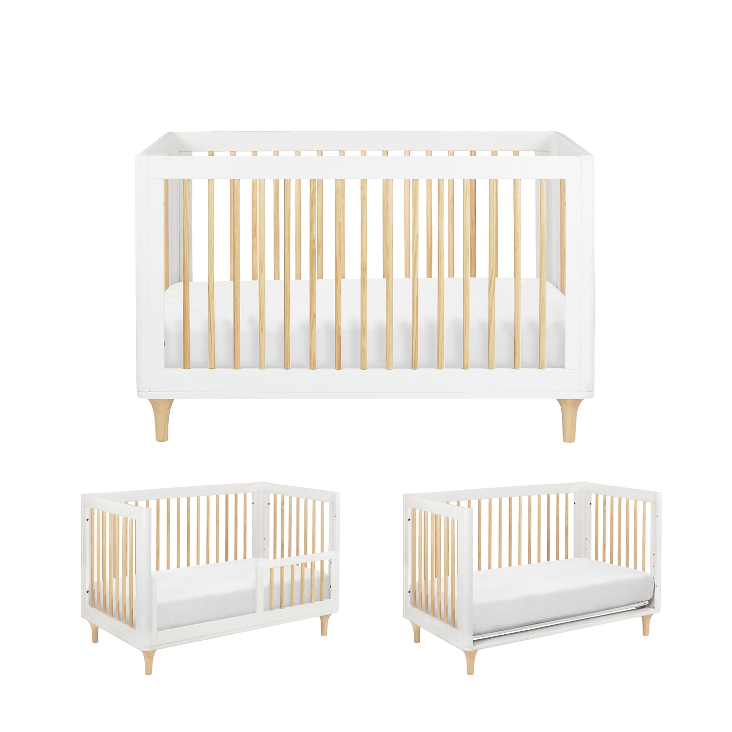 The Babyletto Lolly Convertible Crib features three stages: a crib with high sides, a toddler bed with one side lowered, and a daybed with both sides open, all crafted from New Zealand pine wood and paired with a white mattress.