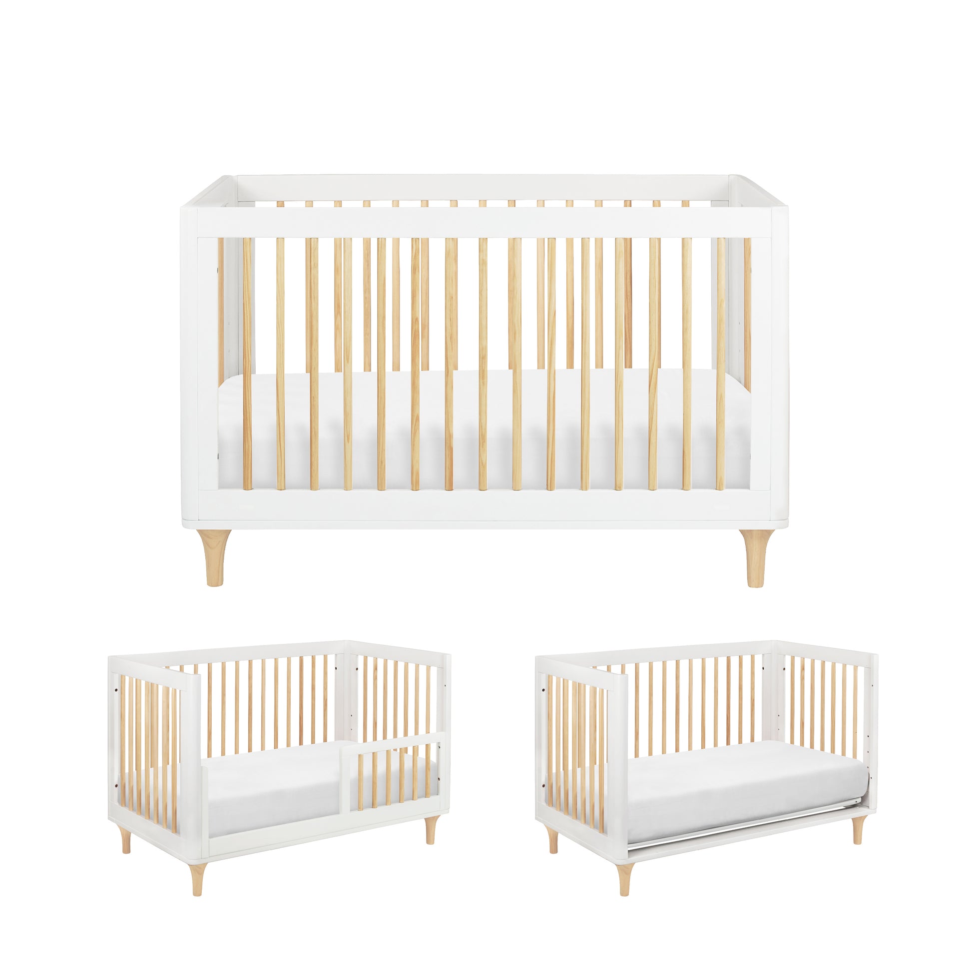 The Babyletto Lolly Convertible Crib features three stages: a crib with high sides, a toddler bed with one side lowered, and a daybed with both sides open, all crafted from New Zealand pine wood and paired with a white mattress.