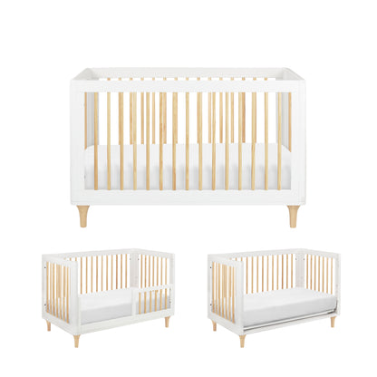 The Babyletto Lolly Convertible Crib features three stages: a crib with high sides, a toddler bed with one side lowered, and a daybed with both sides open, all crafted from New Zealand pine wood and paired with a white mattress.