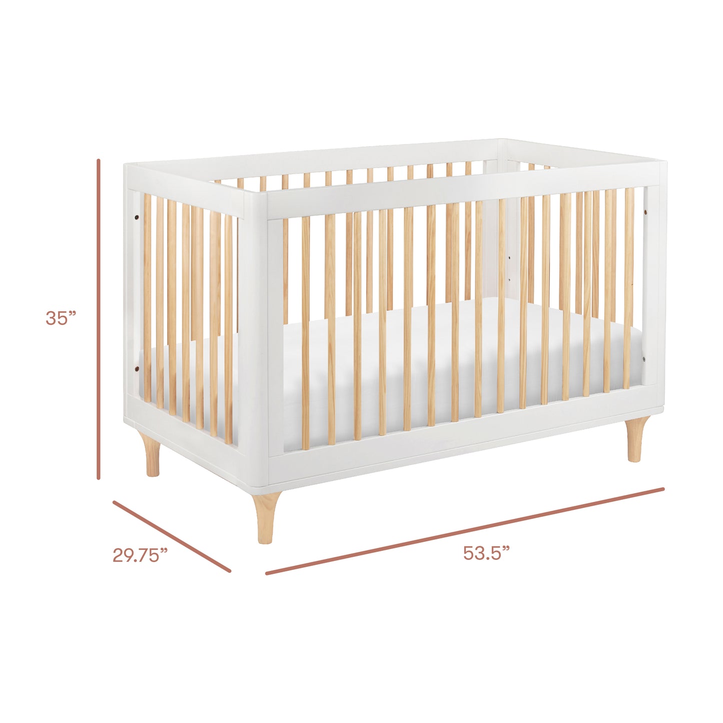 The Babyletto Lolly Convertible Crib features a modern design with a white frame, natural wood slats, and legs made from sturdy New Zealand pine. This crib measures 35 inches high, 29.75 inches deep, and 53.5 inches wide.