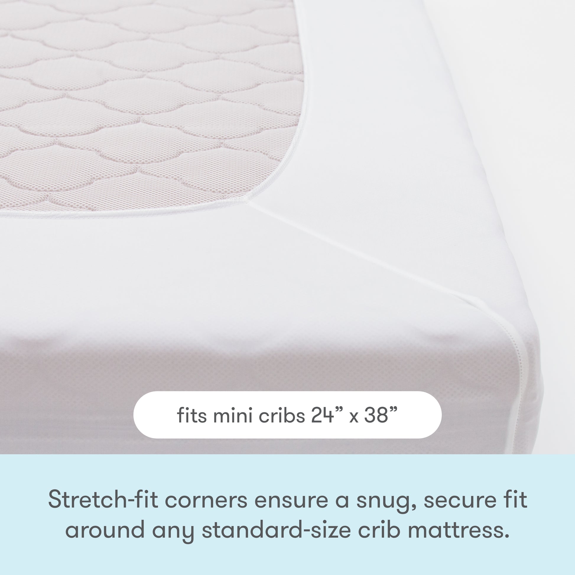 image of mattress pad stretching over the corner of a mattress with text, "fits mini cribs 24" x 38", stretch-fit corners ensure a snug, secure fit around any standard-size crib mattress.