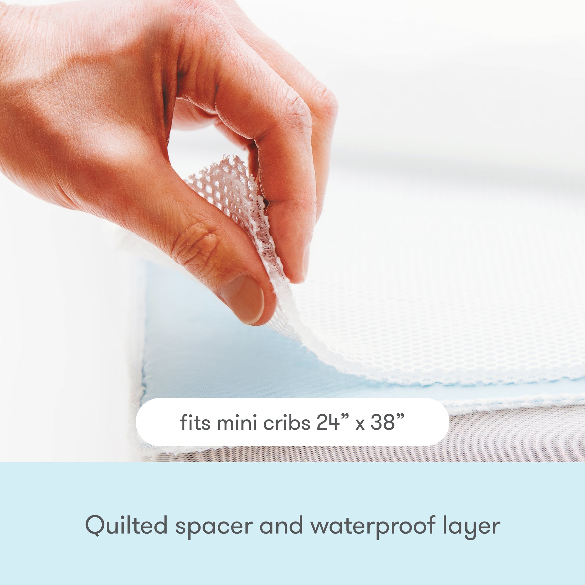 hand touching textured material with text , "fits mini cribs  24" x 38", quilted spacer and waterproof layer"
