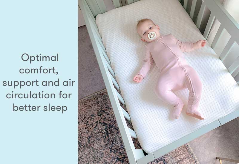 Baby in pink onesie lying on a Newton crib mattress with text: "Optimal comfort, support and air circulation for better sleep."