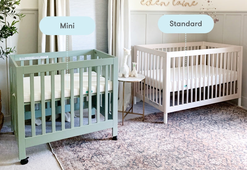 Comparison of two cribs labeled "Mini" and "Standard" in a cozy nursery room with decorative rug and elegant wall decor.