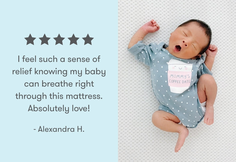 A newborn sleeping in a polka dot onesie with a tag saying "Mommy's Coffee Date," alongside a quote by Alexandra H. praising the breathable mattress. Text " I felt such a sense of relief knowing my baby can breathe right through this mattress. Absolutely love! " with 5 star review.