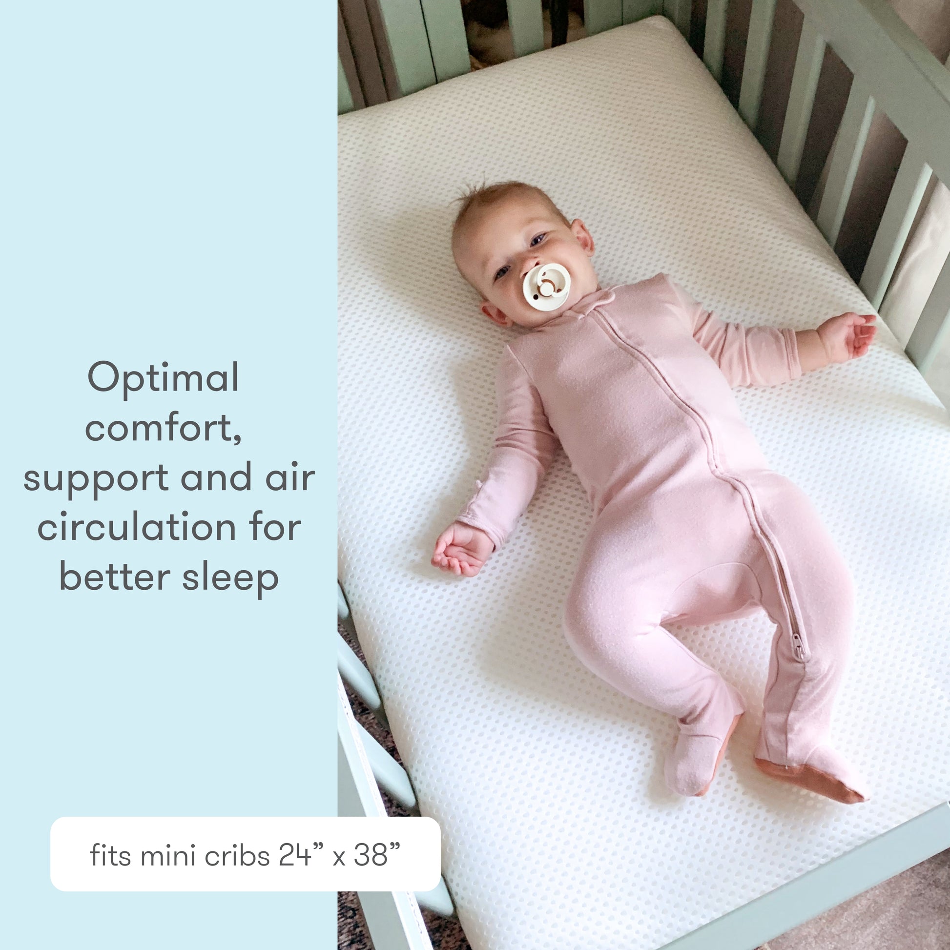 Baby in pink onesie resting on a breathable mattress in a crib, with text "Optimal comfort, support and air circulation for better sleep". 
