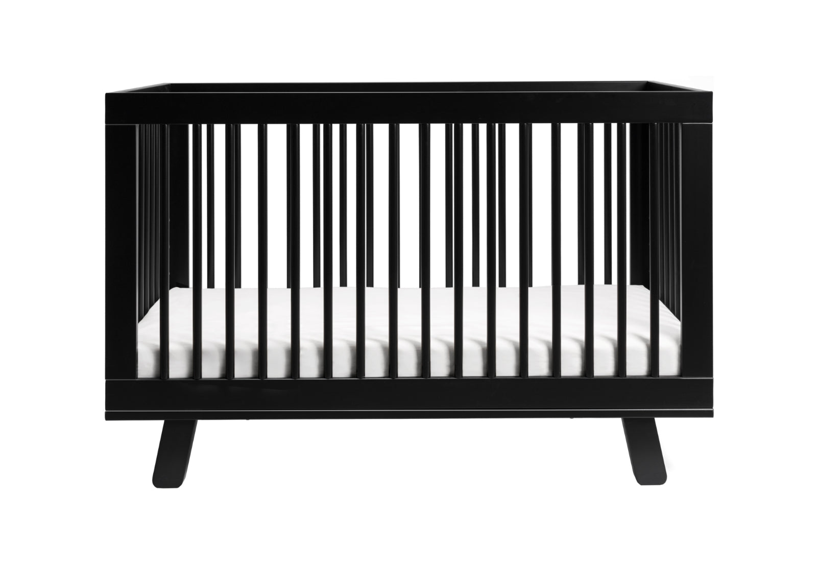 Sleek black modern baby crib with a white mattress isolated on a white background.
