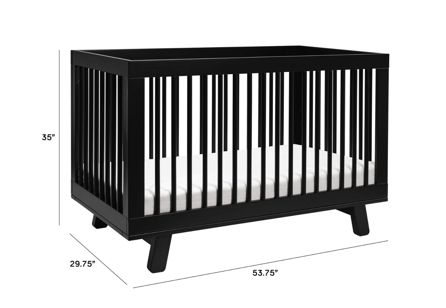 Black modern-style crib with dimensions 53.75" long, 29.75" wide, and 35" high.