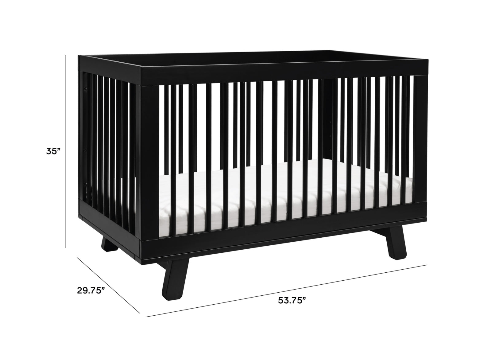 Black modern-style crib with dimensions 53.75" long, 29.75" wide, and 35" high.