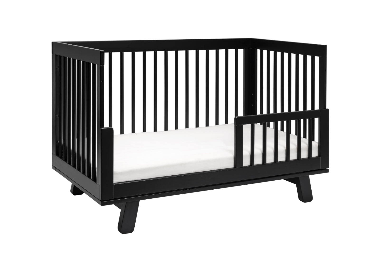 Modern black crib with a minimalist design on a white background.