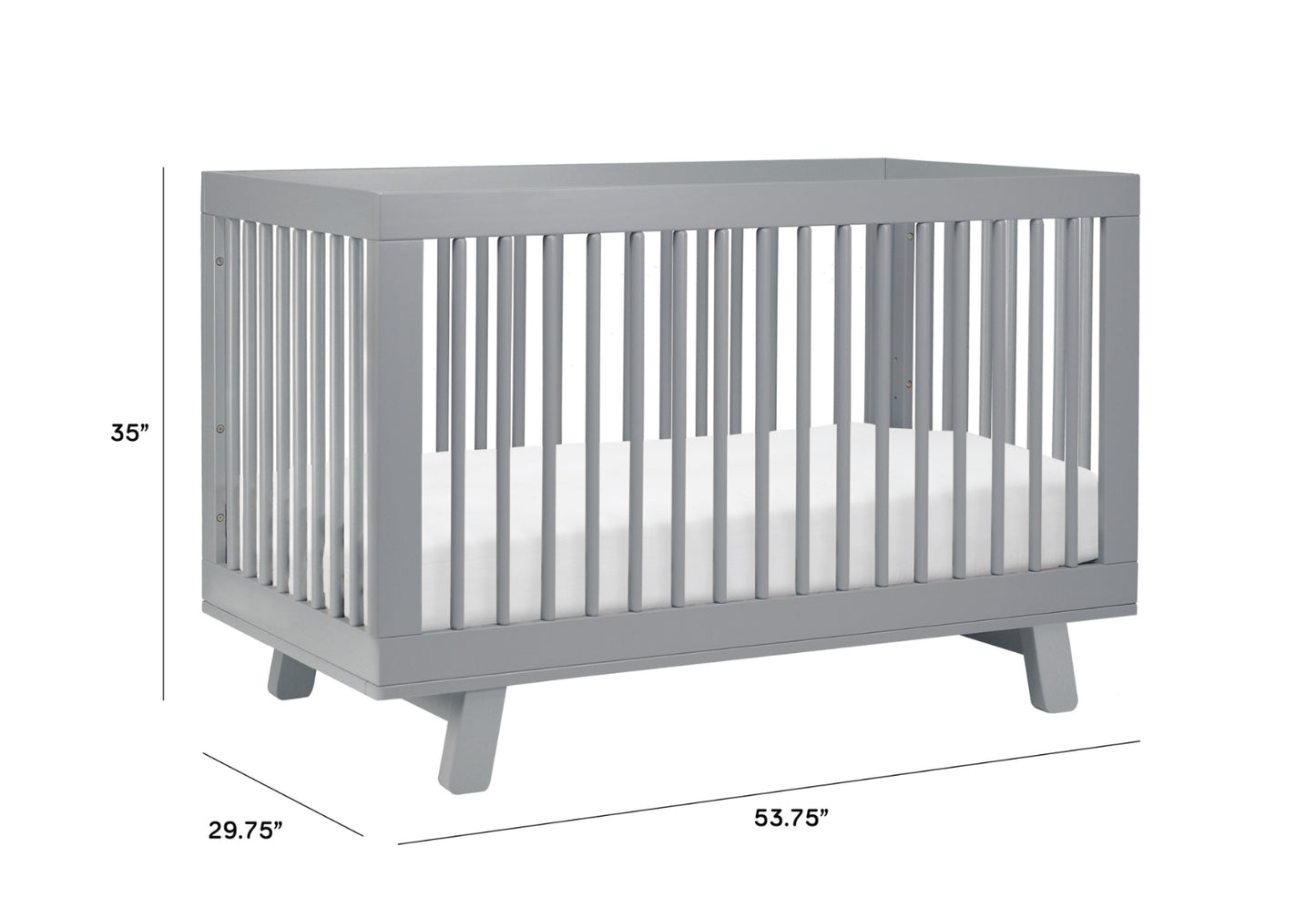 Image of a gray modern crib with dimensions labeled: length 53.75 inches, width 29.75 inches, height 35 inches.