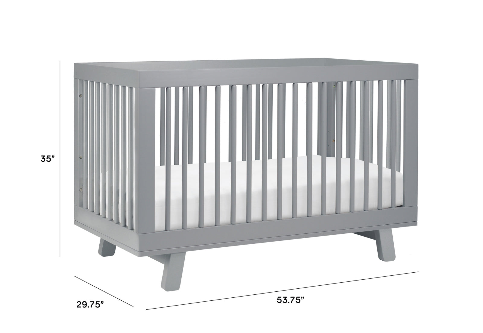 Image of a gray modern crib with dimensions labeled: length 53.75 inches, width 29.75 inches, height 35 inches.