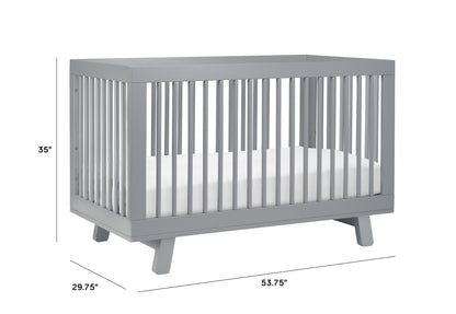 Image of a gray modern crib with dimensions labeled: length 53.75 inches, width 29.75 inches, height 35 inches.