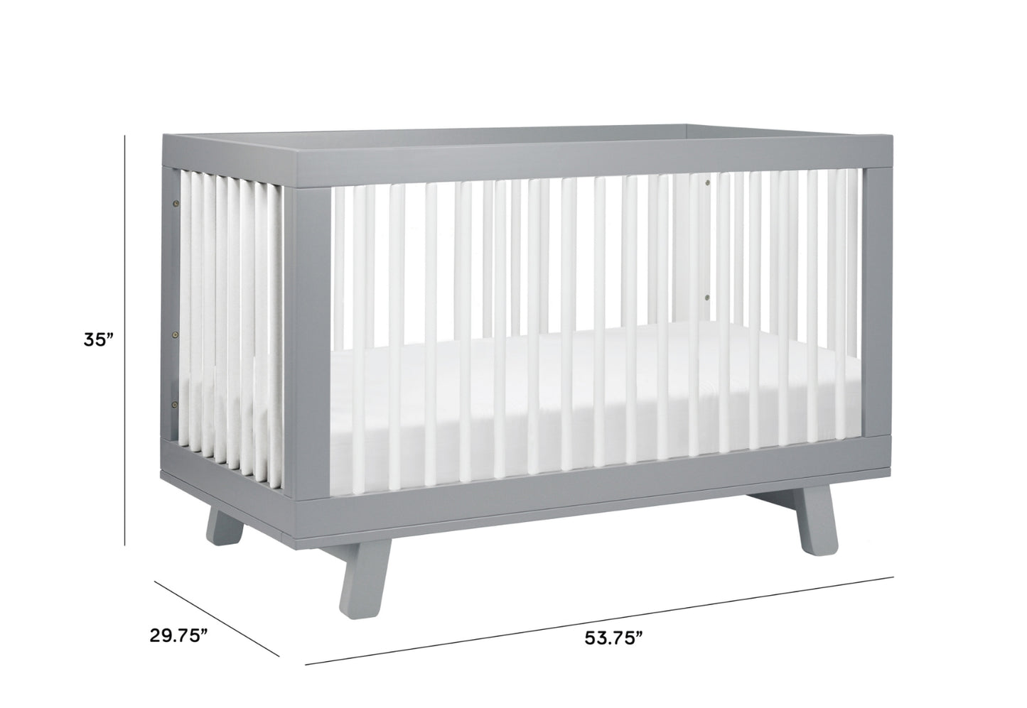 Modern gray baby crib with measurements labeled (35" height, 29.75" width, 53.75" length).