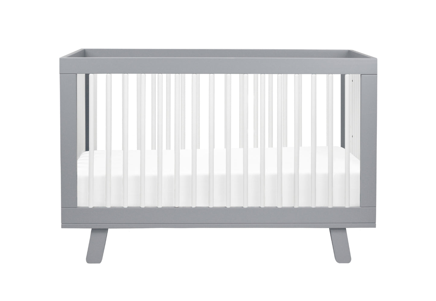 Gray modern crib with a white mattress on a neutral background.