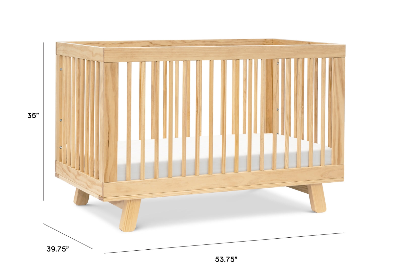 Natural wood baby crib with dimensions labeled: 53.75" length, 39.75" width, and 35" height.