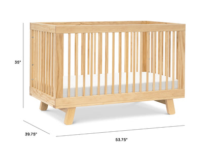 Natural wood baby crib with dimensions labeled: 53.75" length, 39.75" width, and 35" height.
