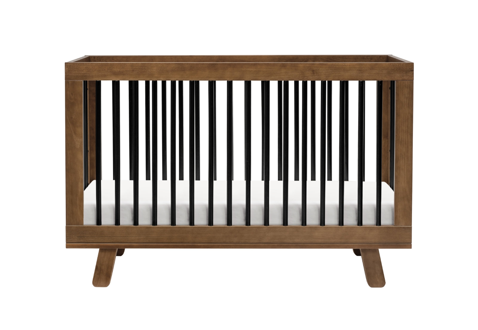 A modern baby crib with dark wooden frame and contrasting black spindles, set against a white background. 999-8501-NWB