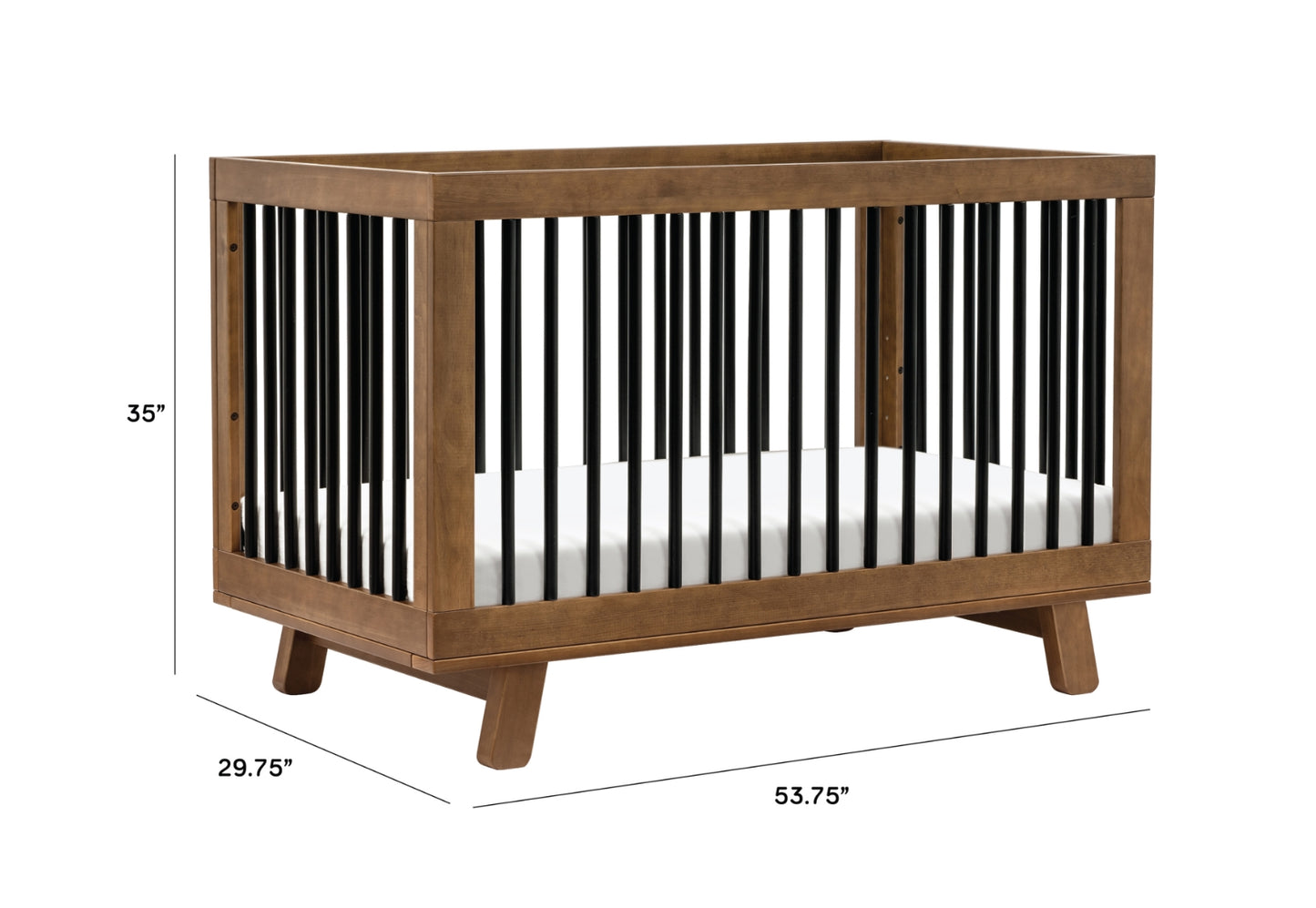 Stylish wooden baby crib with dimensional labels showing length of 53.75 inches, width of 29.75 inches, and height of 35 inches.