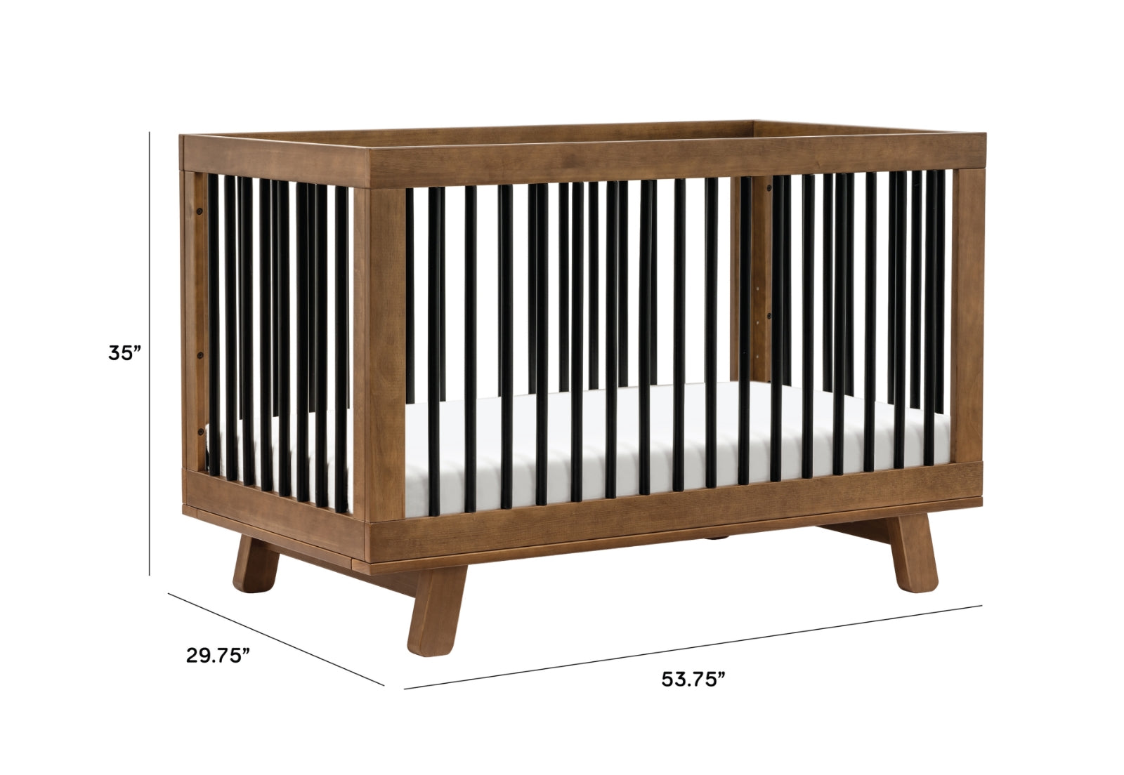 Stylish wooden baby crib with dimensional labels showing length of 53.75 inches, width of 29.75 inches, and height of 35 inches.