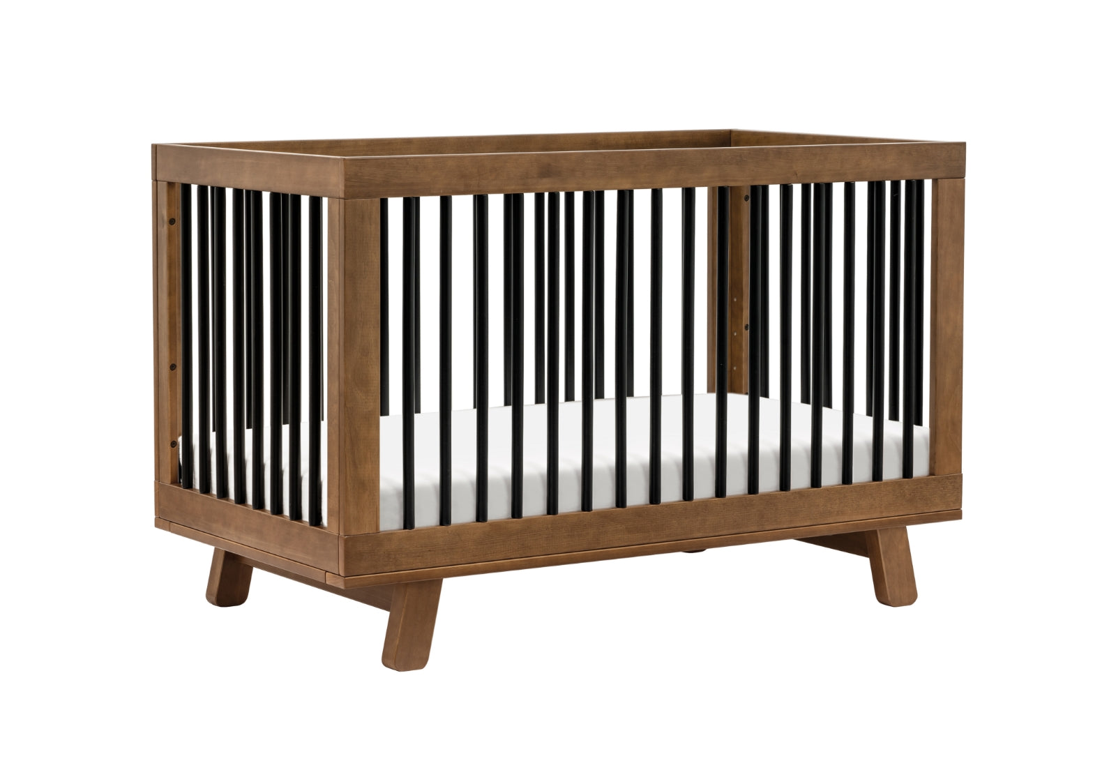 Modern wooden baby crib with dark brown finish and contrasting black vertical slats, set on splayed legs.