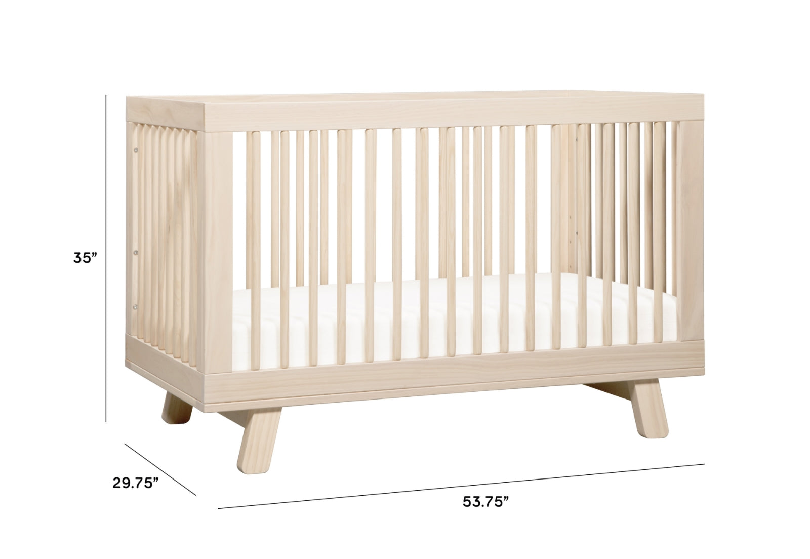 Modern light wood baby crib with dimensions 53.75 inches in length, 29.75 inches in width, and 35 inches in height.