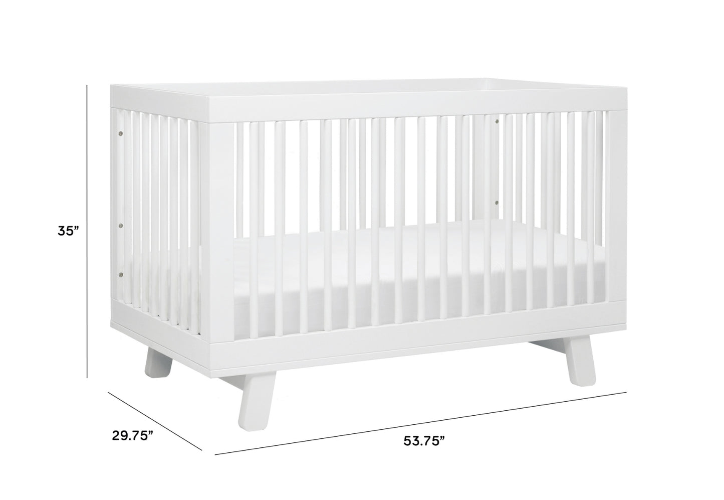 White baby crib with dimensions 53.75" in length, 29.75" in width, and 35" in height displayed on a plain background.