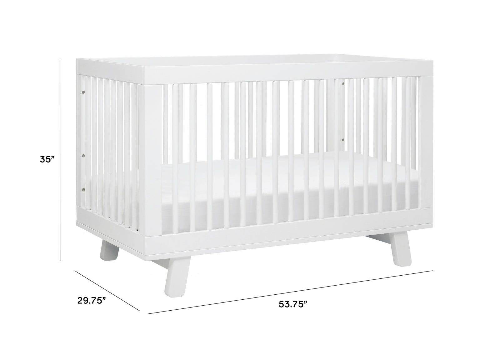 White baby crib with dimensions 53.75" in length, 29.75" in width, and 35" in height displayed on a plain background.