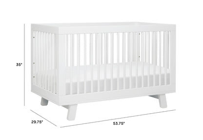 White baby crib with dimensions 53.75" in length, 29.75" in width, and 35" in height displayed on a plain background.