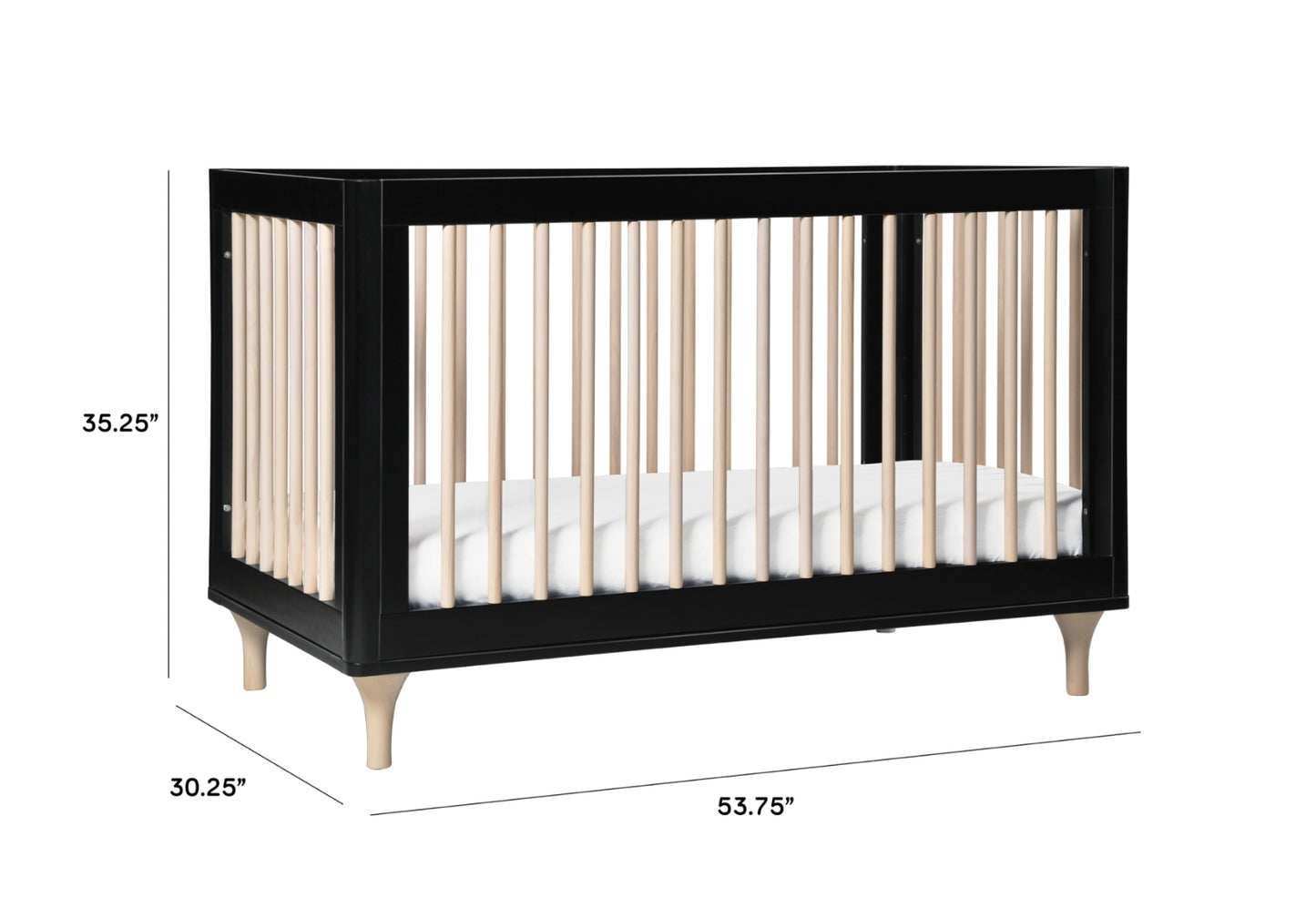 Black and natural wood baby crib with dimensions 55.75" length, 30.25" breadth, and 35.25" height displayed.