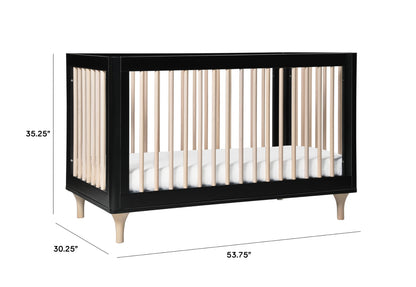 Black and natural wood baby crib with dimensions 55.75" length, 30.25" breadth, and 35.25" height displayed.