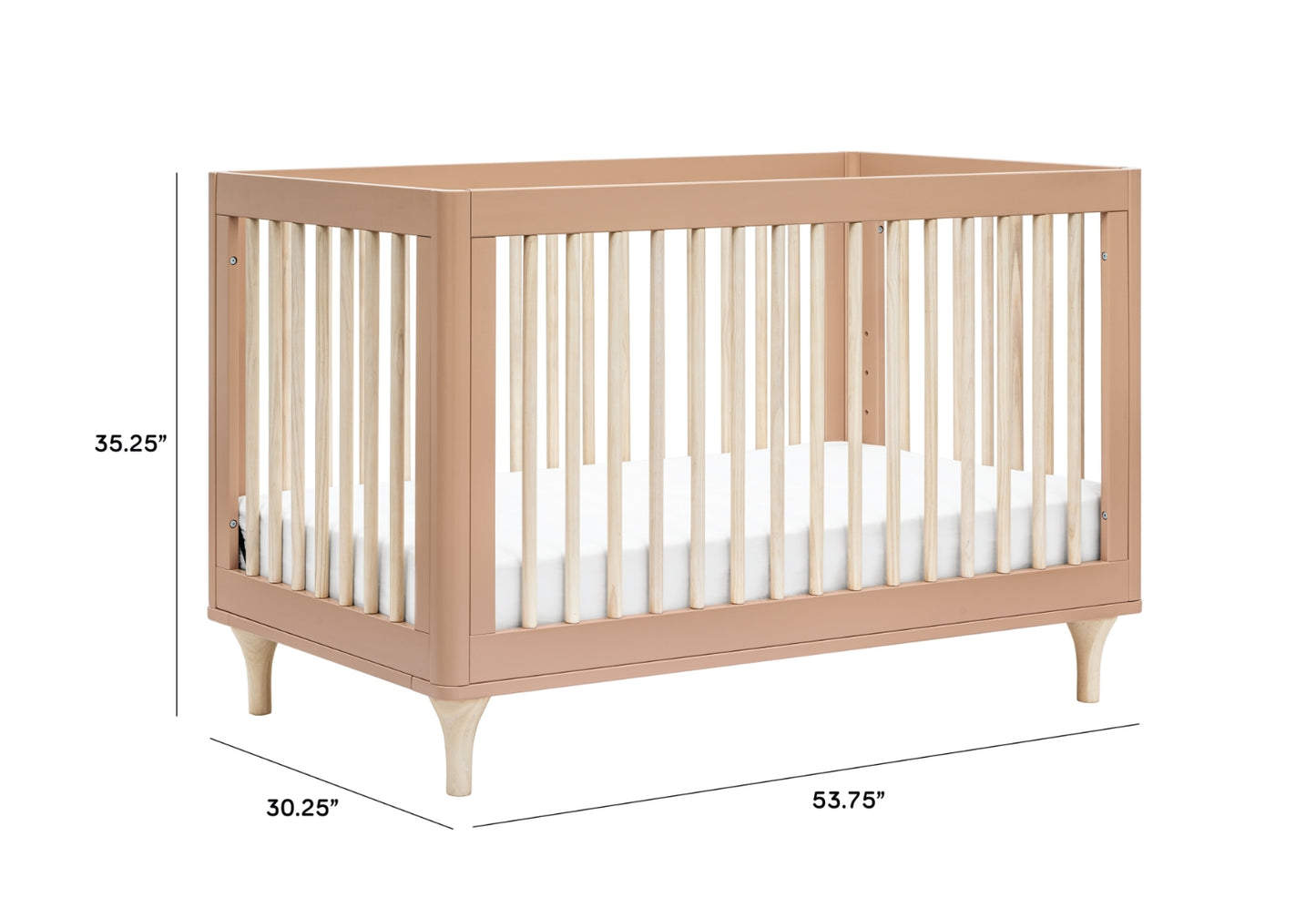 A tan baby crib with dimensions 53.75" in length, 30.25" in width, and 35.25" in height, featuring a modern design with vertical slats and sturdy legs.