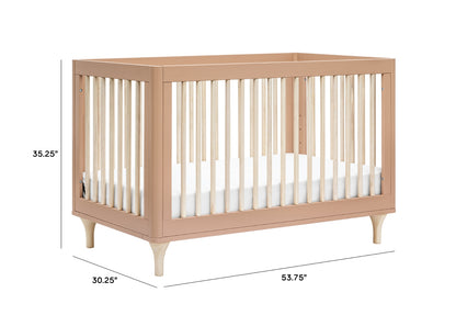 A tan baby crib with dimensions 53.75" in length, 30.25" in width, and 35.25" in height, featuring a modern design with vertical slats and sturdy legs.
