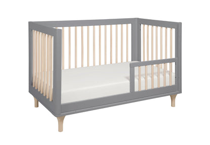 Gray and natural wood baby crib with a minimalist design.
