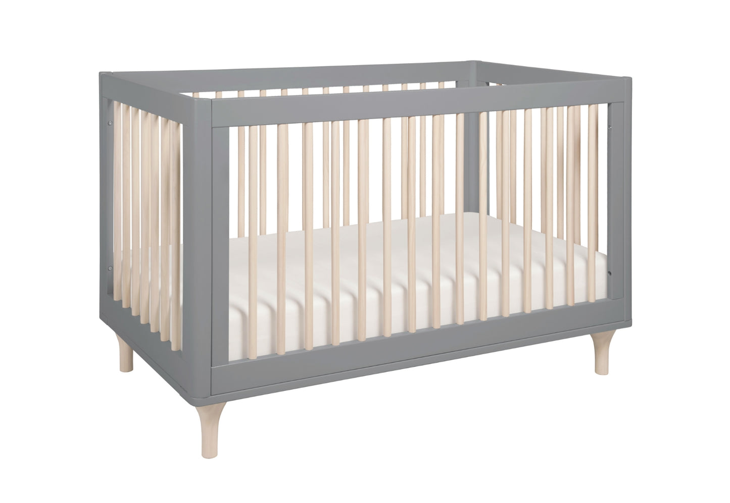 Modern gray baby crib with a white mattress, showcasing a sleek design and wooden legs.