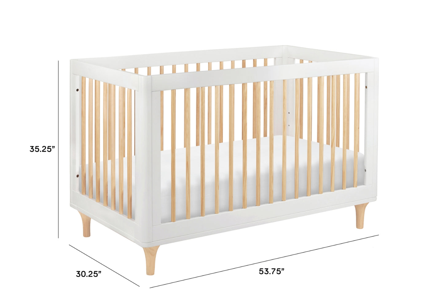 Modern white and natural wood baby crib with dimensions labeled as 35.25" high, 30.25" wide, and 53.75" long.