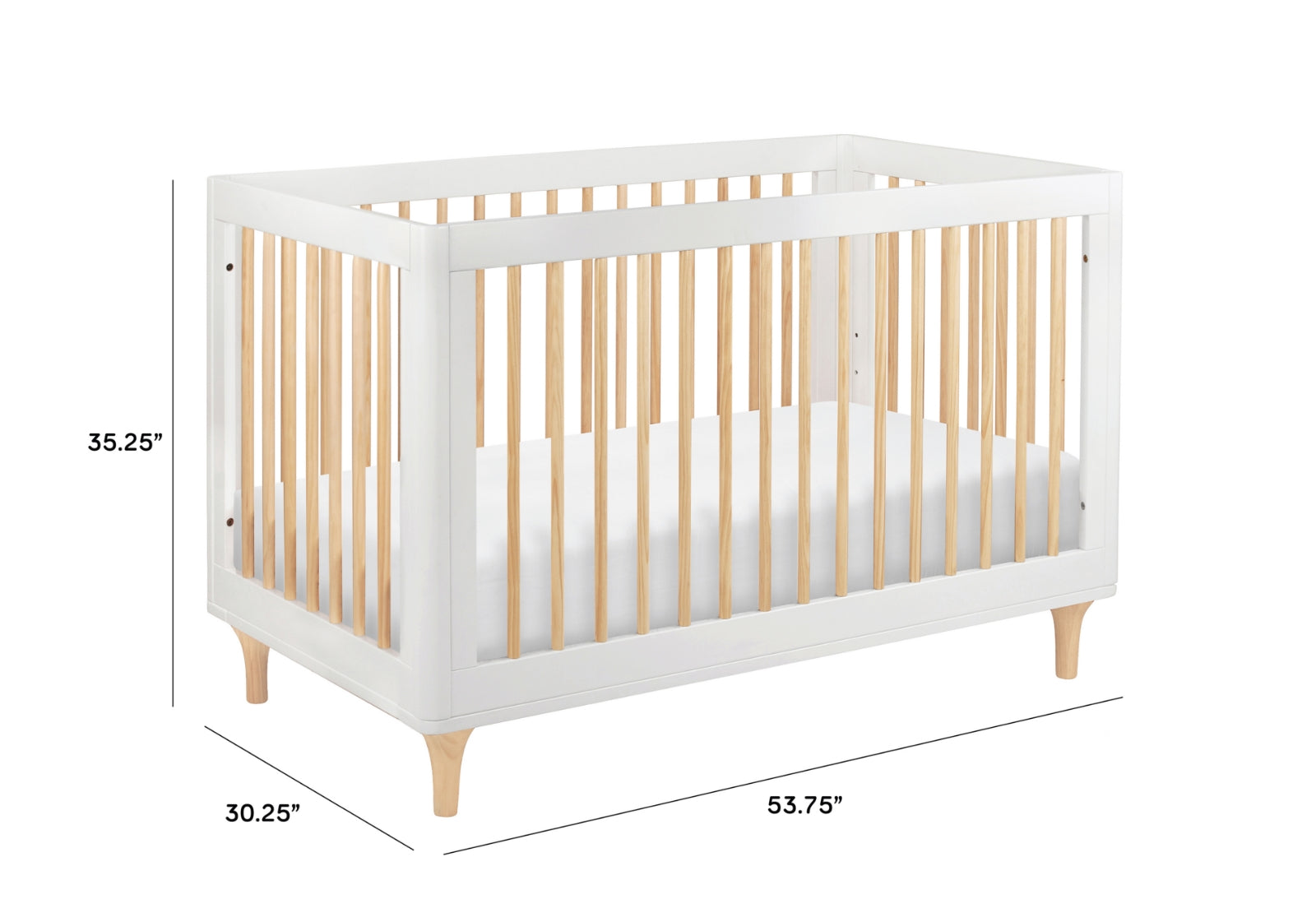 Modern white and natural wood baby crib with dimensions labeled as 35.25" high, 30.25" wide, and 53.75" long.