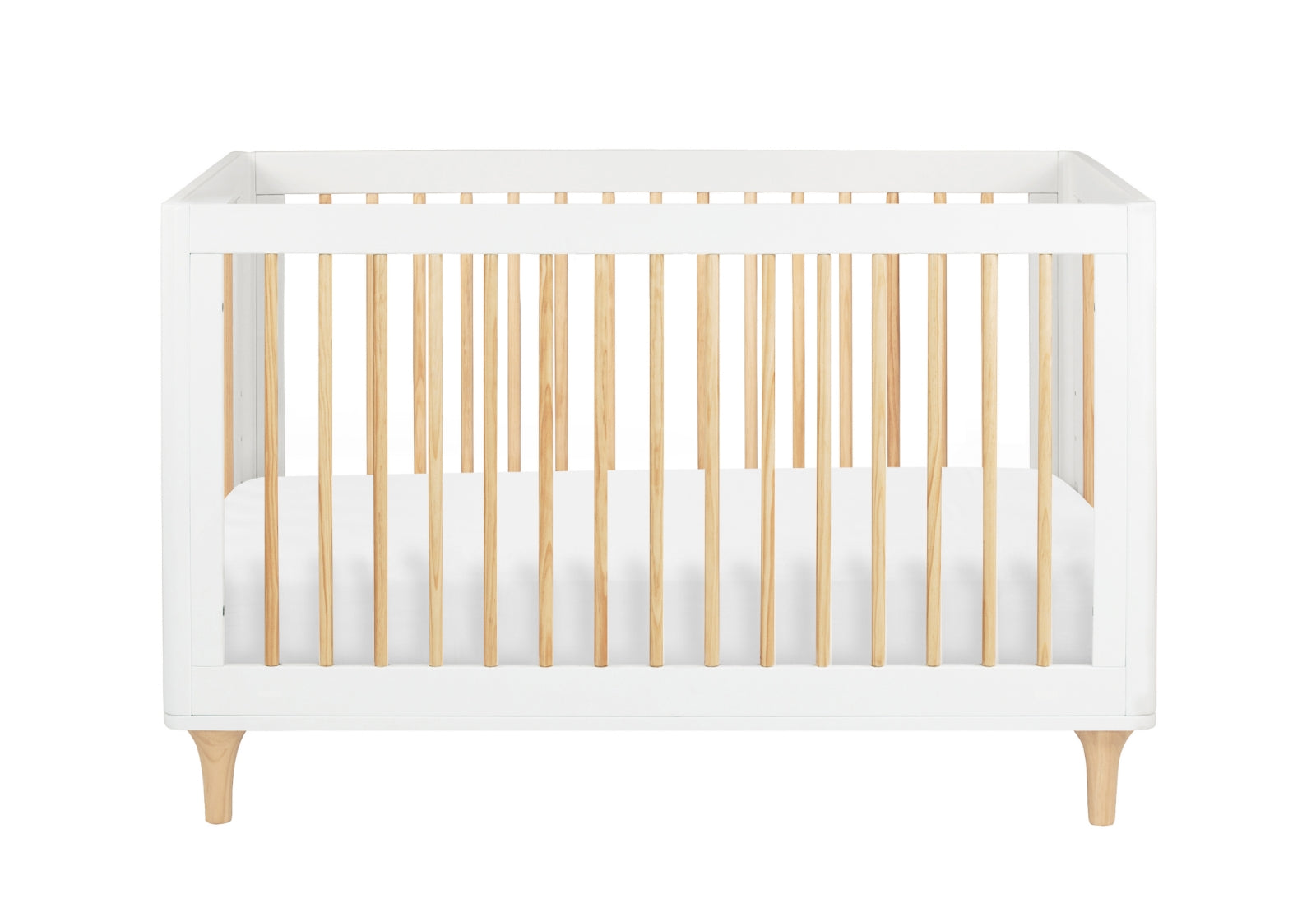 A minimalist white and natural wood baby crib on a white background.
