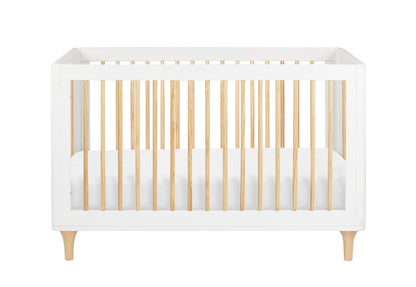 A minimalist white and natural wood baby crib on a white background.
