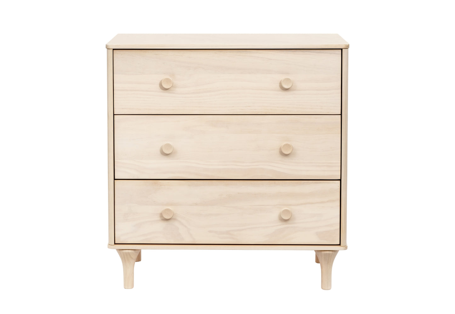 Light wooden three-drawer dresser on short legs, isolated on a white background.