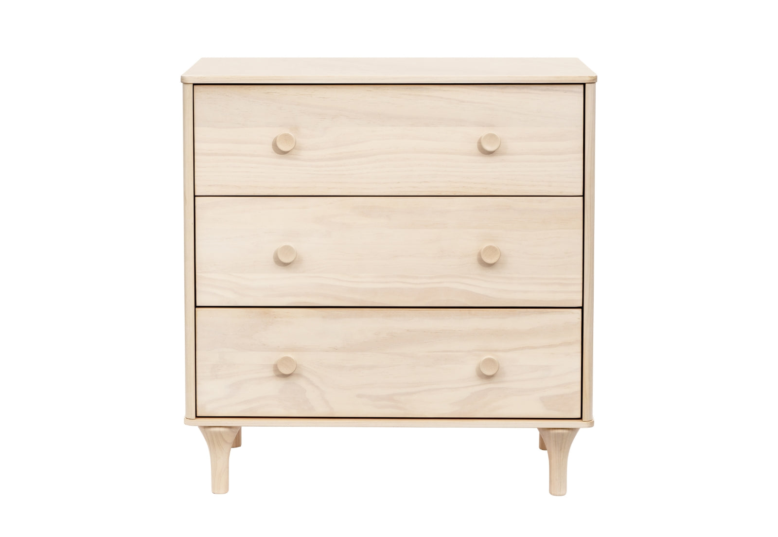 Light wooden three-drawer dresser on short legs, isolated on a white background.
