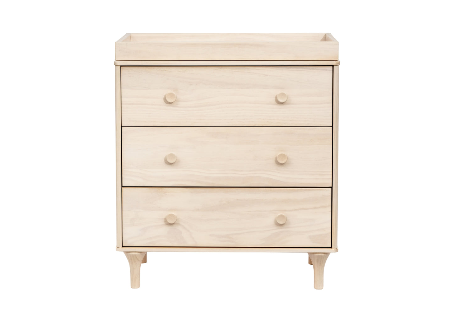 Light wooden nursery dresser with four drawers and rounded knobs on a white background.