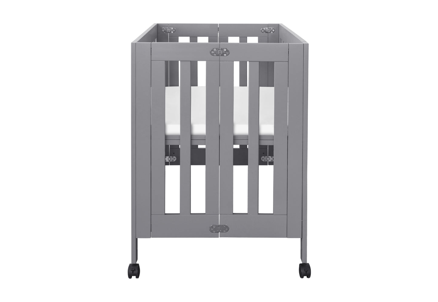 Gray modern baby crib on wheels, featuring a minimalistic design with visible locks and a white mattress.